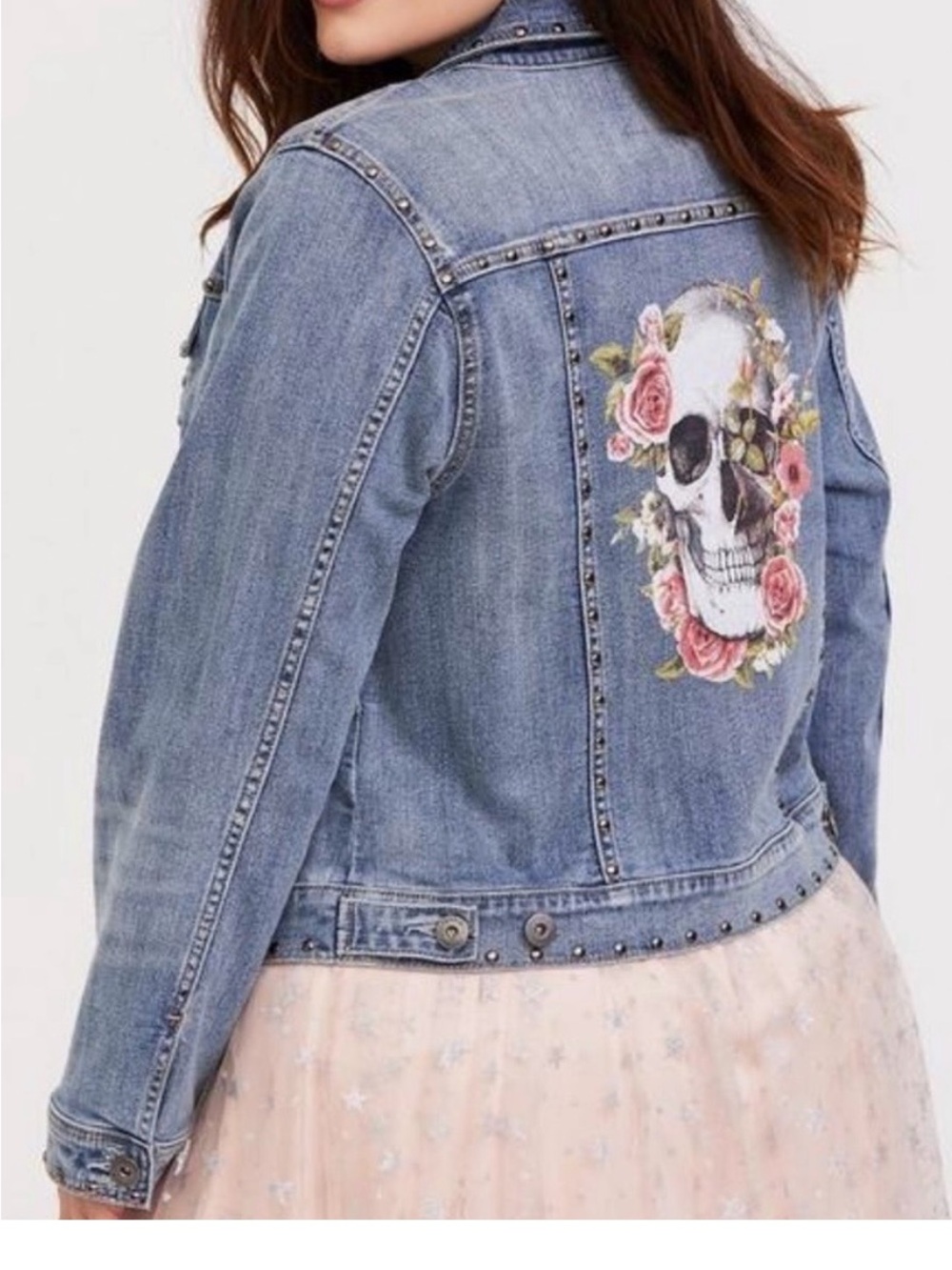 torrid skull floral Light Blue Denim Jacket with Button Front